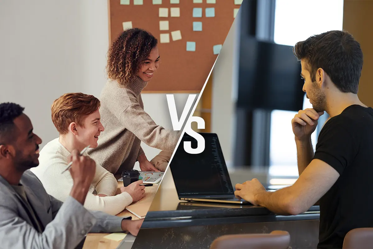 Illustration représentant le comparatif entre une agence web et un freelance, symbolisés par deux personnes séparées par le mot VS