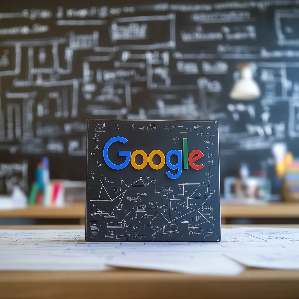 Tableau noir illustrant l'algorithme local de Google à travers des formules mathématiques.