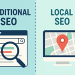 Infographie illustrant la différence entre SEO traditionnel et SEO local. Le SEO traditionnel, représenté par une page de résultats de recherche avec une loupe, et le SEO local, illustré par une carte avec une épingle de localisation, sur un fond en deux couleurs distinctes