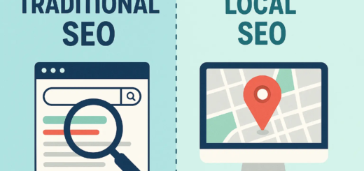 Infographie illustrant la différence entre SEO traditionnel et SEO local. Le SEO traditionnel, représenté par une page de résultats de recherche avec une loupe, et le SEO local, illustré par une carte avec une épingle de localisation, sur un fond en deux couleurs distinctes