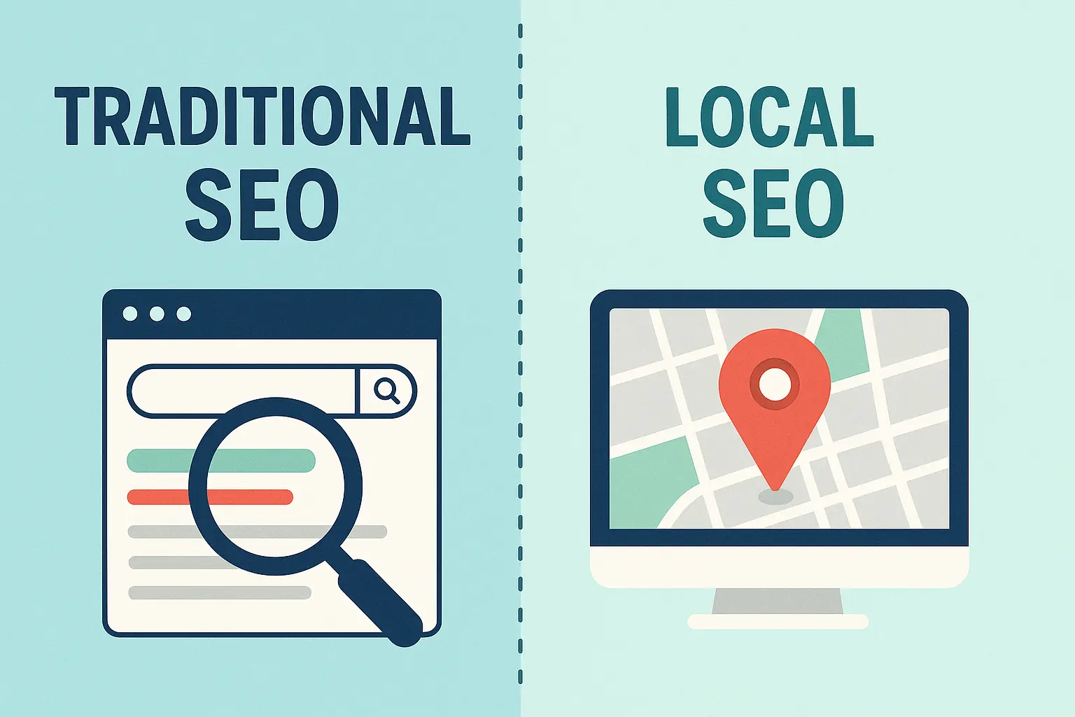 Infographie illustrant la différence entre SEO traditionnel et SEO local. Le SEO traditionnel, représenté par une page de résultats de recherche avec une loupe, et le SEO local, illustré par une carte avec une épingle de localisation, sur un fond en deux couleurs distinctes