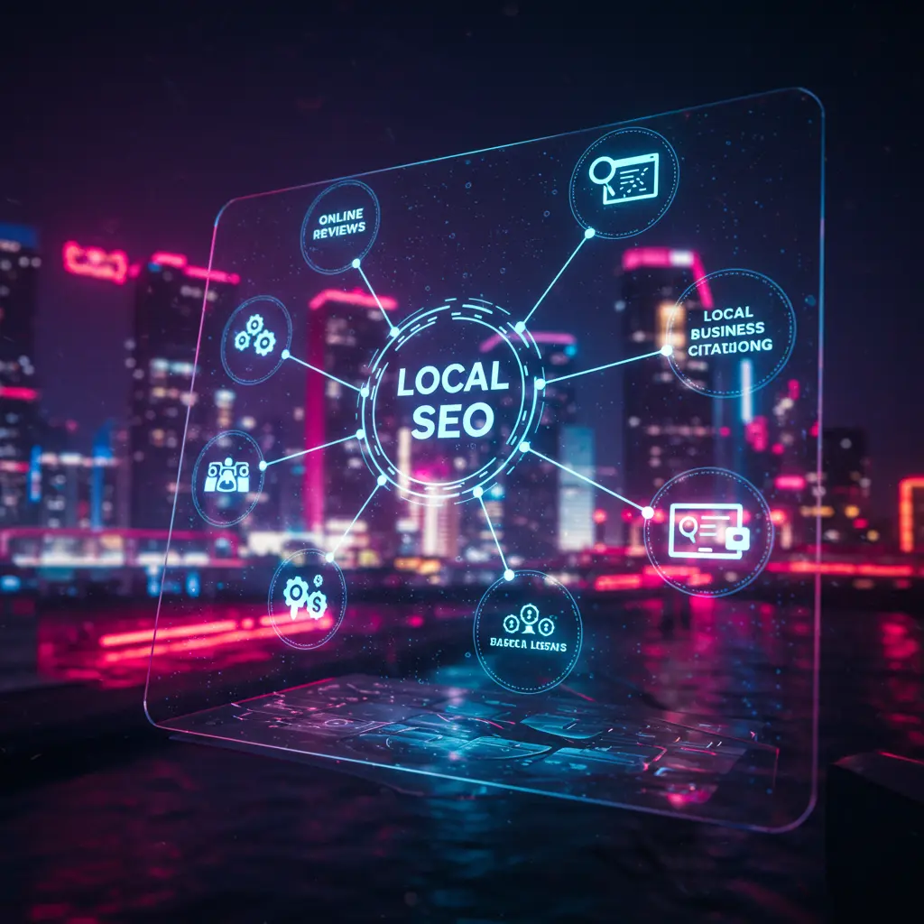 Image futuriste avec des icônes représentant les fondamentaux du referencement local sur un écran holographique