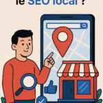 Illustration expliquant qu'est-ce que le SEO local avec une carte, une épingle de localisation et une boutique locale