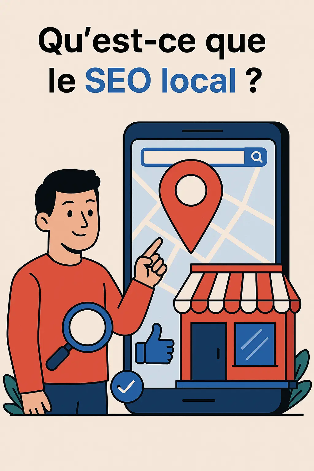 Illustration expliquant qu'est-ce que le SEO local avec une carte, une épingle de localisation et une boutique locale