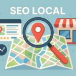 Cette illustration 2D met en scène le concept de SEO local à travers des éléments visuels clés : une loupe sur une carte géographique, un pin de localisation rouge, une vitrine de commerce local, et des icônes de résultats de recherche. Le design est moderne, épuré, avec une dominante de bleu clair qui renforce la lisibilité et l’impact visuel. Cette image symbolise l’importance de la visibilité locale sur les moteurs de recherche pour les entreprises souhaitant attirer une clientèle de proximité.