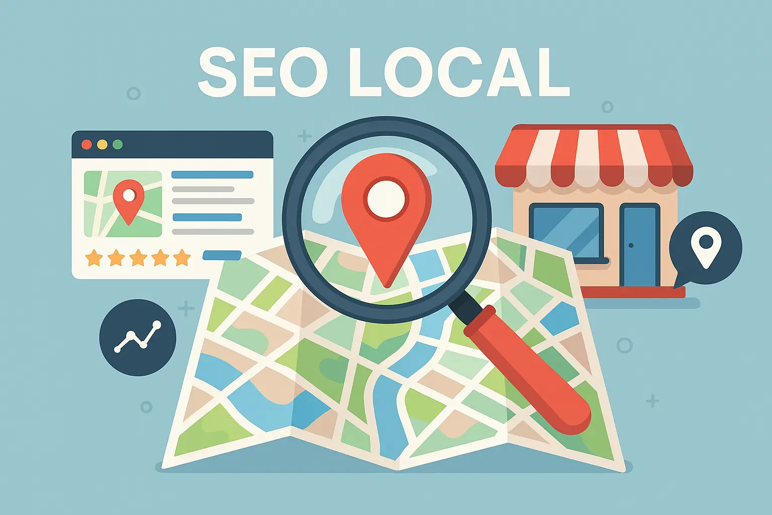 Cette illustration 2D met en scène le concept de SEO local à travers des éléments visuels clés : une loupe sur une carte géographique, un pin de localisation rouge, une vitrine de commerce local, et des icônes de résultats de recherche. Le design est moderne, épuré, avec une dominante de bleu clair qui renforce la lisibilité et l’impact visuel. Cette image symbolise l’importance de la visibilité locale sur les moteurs de recherche pour les entreprises souhaitant attirer une clientèle de proximité.
