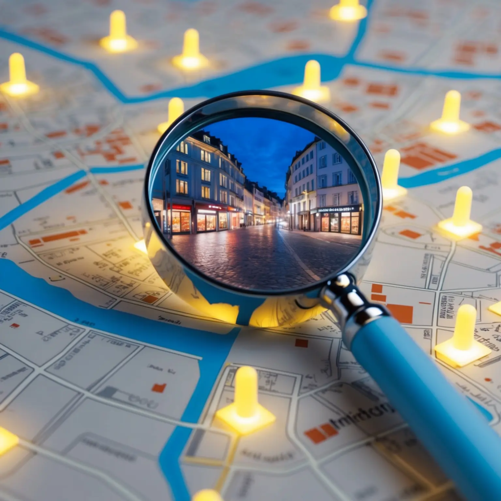 Une carte stylisée d'une ville française avec des épingles de localisation lumineuses, une loupe mettant en évidence un quartier commerçant, et représentant également une stratégie de contenu local.