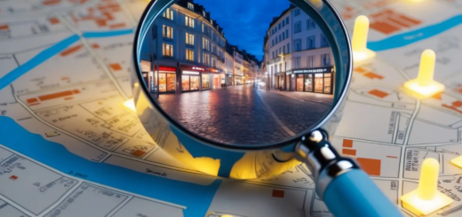 Une carte stylisée d'une ville française avec des épingles de localisation lumineuses, une loupe mettant en évidence un quartier commerçant, et représentant également une stratégie de contenu local.